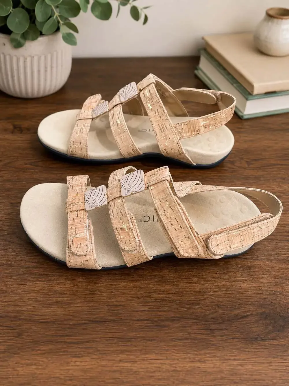 Vionic Orthaheel Cork Print Adjustable Comfort Sandals Beige Arch Support